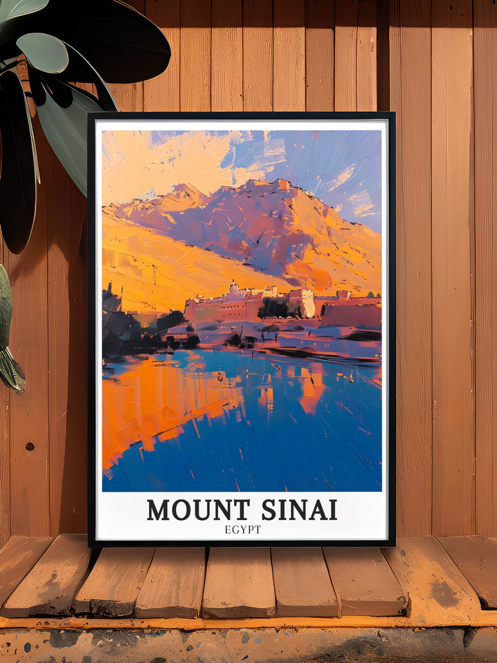 This Mount Sinai Poster captures the rugged terrain of the Sinai High Mountain Range with the Monastery of Saint Catherine visible at the mountains base a perfect addition to any home decor celebrating the iconic Mount Sinai in Egypt