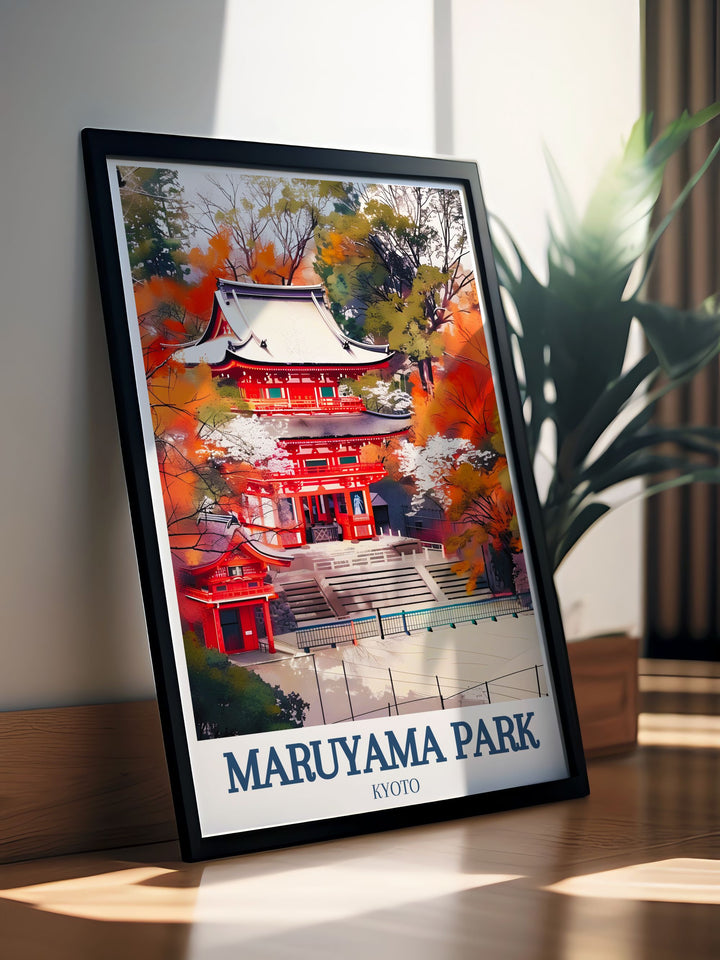 Japanese garden illustration featuring Kyoto Nishiromon gate Maruyama Parks cherry blossoms a stunning Japan art print perfect for home decor bringing a sense of peace and beauty to any room a great gift for admirers of Japanese culture