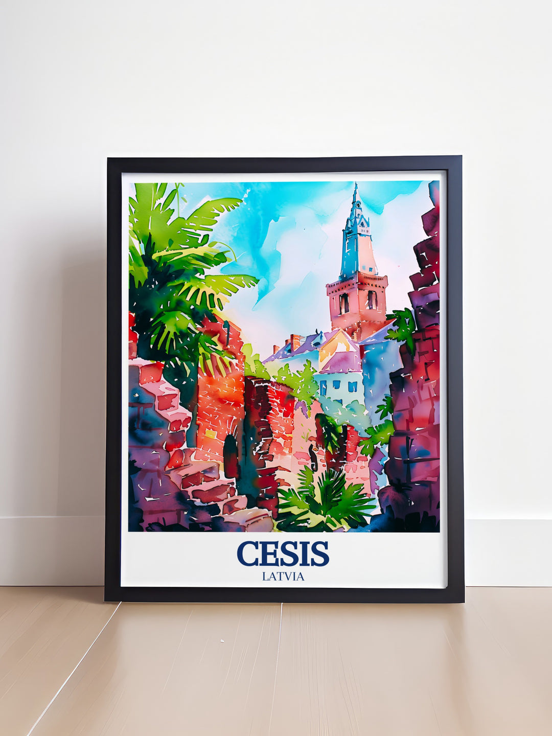 A detailed poster print of Cēsis, Latvia, featuring the ancient ruins of Cēsis Castle and the majestic St. Johns Church. This travel poster captures the rich history and architectural beauty of Cēsis, making it an ideal piece for those who appreciate Latvian heritage and medieval architecture.