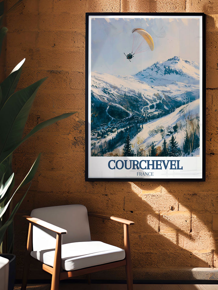 The captivating blend of adventure in Courchevel and the scenic beauty of La Saulire is beautifully illustrated in this poster, making it a stunning addition to any wall art collection celebrating skiing.