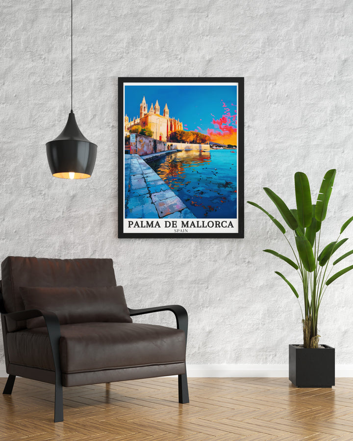 Stunning Spain travel print highlighting the breathtaking La Seu Cathedral and the dynamic Plaza de la Seu. The artwork captures the essence of Palma de Mallorca, from its historic landmarks to its vibrant public spaces, making it a timeless addition to any collection