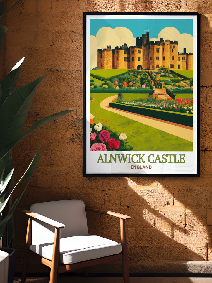 The Alnwick Garden Poster emphasizing the modern elegance of these world renowned gardens. The detailed illustration showcases the stunning landscapes and intricate design of The Alnwick Garden, perfect for those who love nature inspired decor