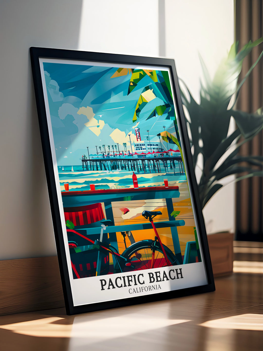 This vibrant travel print brings Pacific Beachs famous Crystal Pier and Boardwalk to life. A must have for fans of California beaches, it captures the laid back atmosphere and scenic beauty of one of San Diegos most loved spots.