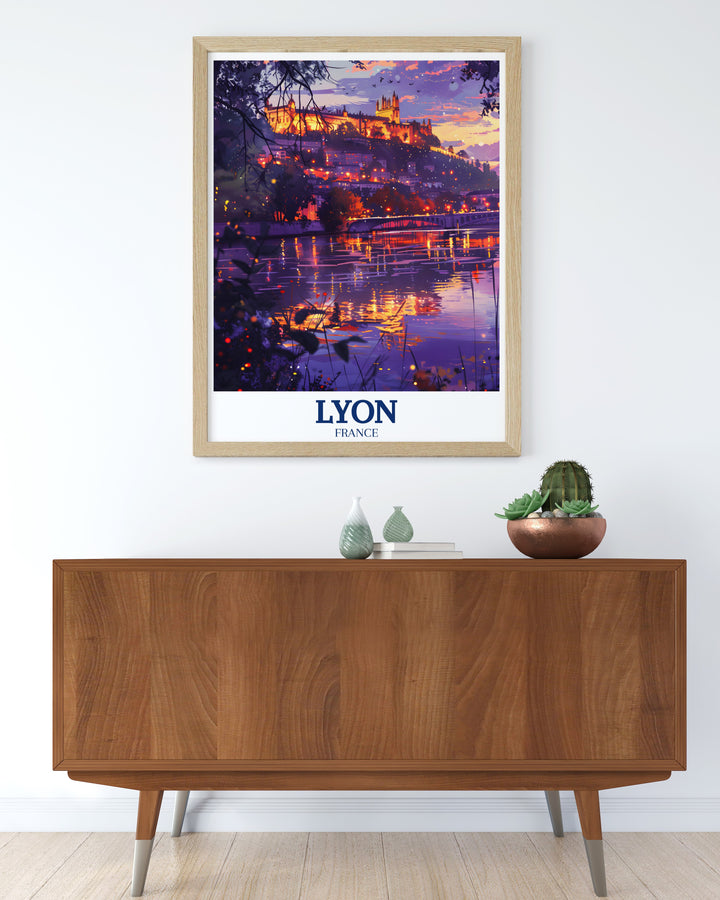 This travel print of Lyon, featuring the Saône and Rhône Rivers, captures the essence of the city in a colorful and detailed design. Its the perfect wall art to add a touch of Lyons history and culture to your space or as a unique gift for any occasion.