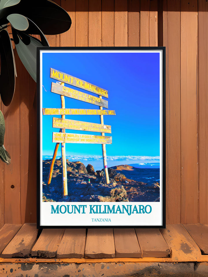 Stunning Uhuru Peak art print highlighting the grandeur of Tanzanias peak suitable for modern decor and as a memorable gift for travel enthusiasts.