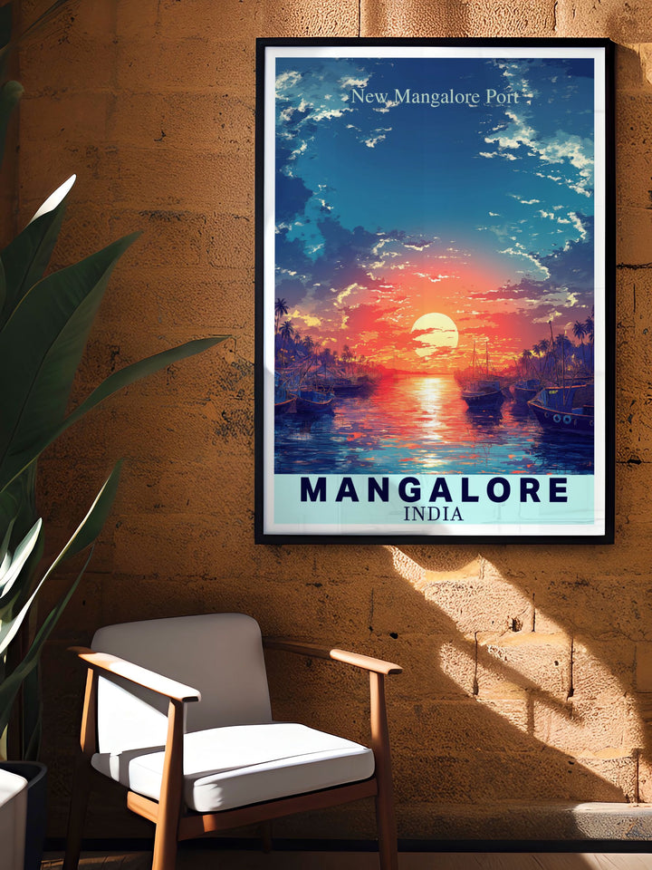 The bustling New Mangalore Port and the picturesque city of Mangalore are beautifully illustrated in this travel poster, highlighting the unique blend of modernity and tradition that defines this coastal Indian city.
