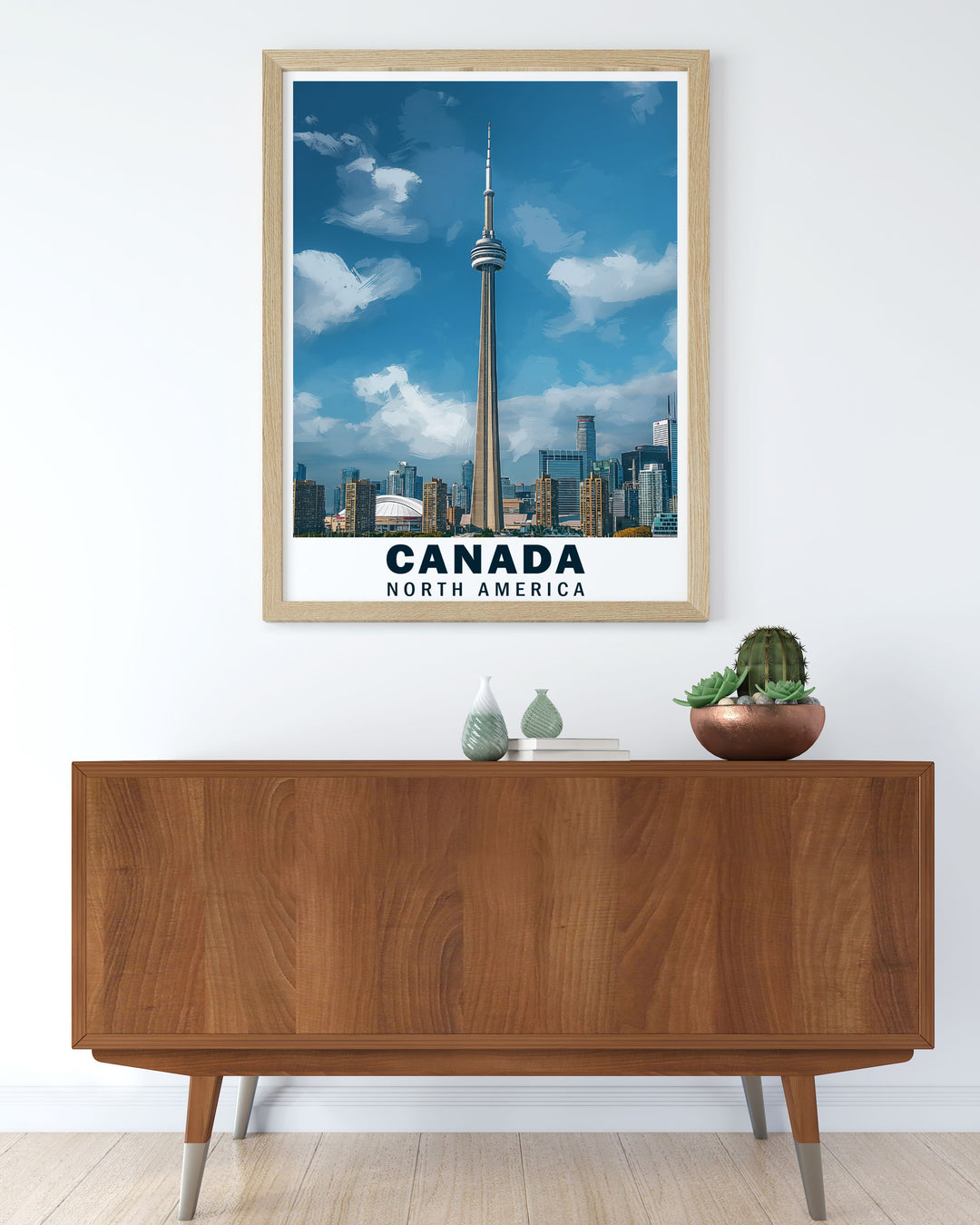 Featuring the sleek design of the CN Tower and Toronto's vibrant skyline, this poster is ideal for those who wish to bring a piece of Canada's architectural beauty into their home.