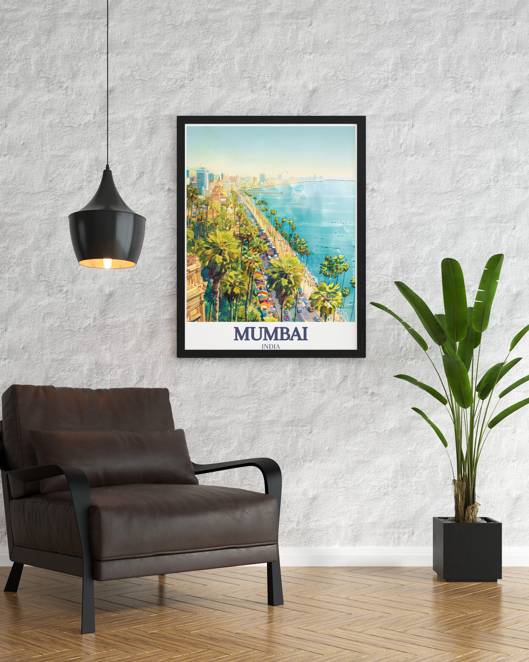 This Mumbai Travel Poster showcases the captivating beauty of Marine Drive and the urban pulse of Netaji Subhash Chandra Bose Road. Ideal for anyone who loves traveling or collecting art inspired by Indias most dynamic city.