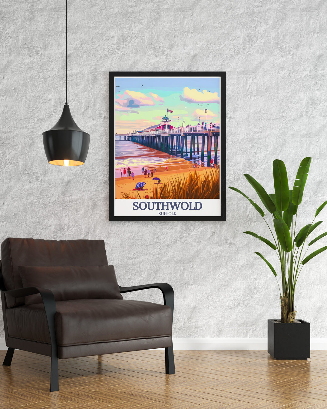 Stunning Seaside Poster featuring Southwold Beach Huts against the backdrop of the Southwold Pier North Sea. Perfect for retro and vintage decor enthusiasts. This print brings the tranquility of Southwold into your home.