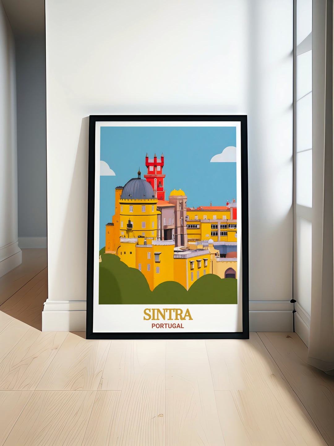 This travel print of Pena Palace in Sintra is a stunning representation of Portugals rich history and beautiful landscapes. The artworks vibrant colors and intricate design make it a perfect piece for decorating your home or giving as a gift to those who love Portugal.