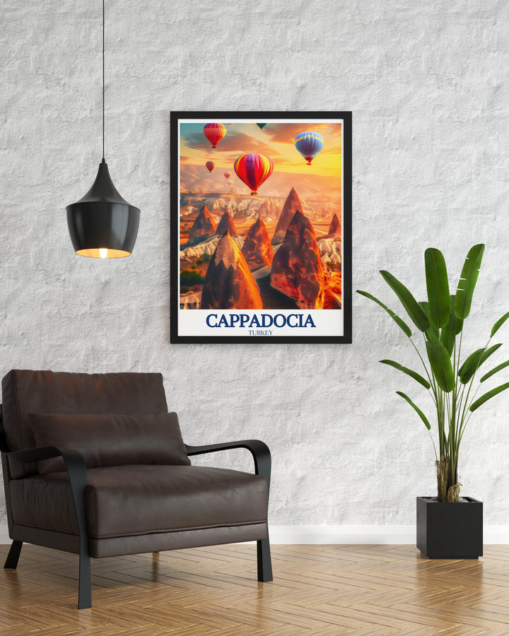 Our Cappadocia wall art features the iconic Fairy Chimneys with hot air balloons floating overhead, creating a dreamy landscape perfect for travel lovers. This art print is a beautiful addition to any room, adding warmth and a sense of wonder.