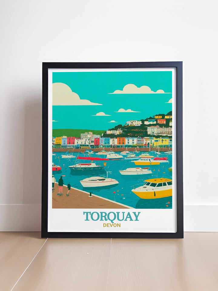 Torquay Harbour is showcased in this beautifully detailed vintage poster, capturing the essence of Devons coastal life. Ideal for those who love the seaside, this print makes a great addition to any coastal themed decor.