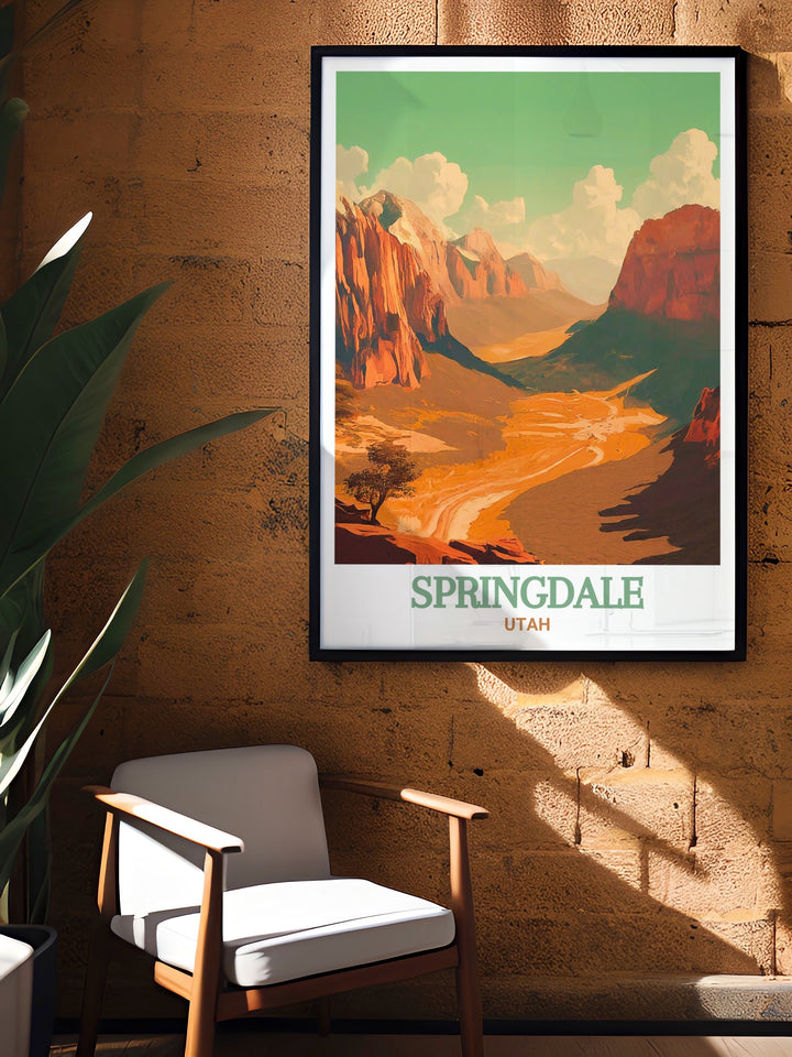 A captivating print of Zion National Park, paired with the charm of Springdale, Utah. The artwork showcases the parks towering red cliffs and the serene Virgin River, offering a unique piece that celebrates the beauty of Utahs landscapes. Perfect for home decor or as a special gift for nature enthusiasts.