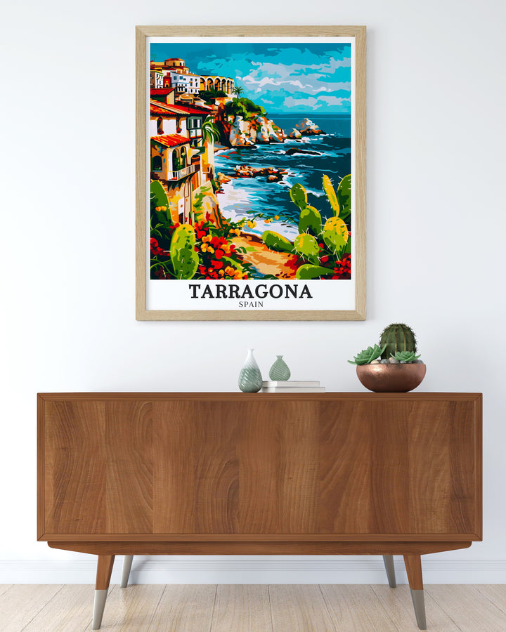 Tarragona poster in elegant Mediterranean Catalonia style highlighting the timeless beauty of this historic Spanish city. A wonderful addition to any home or office decor.