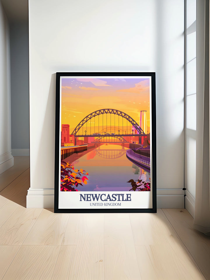 Newcastle travel print featuring the iconic Tyne Bridge and the Gateshead Millennium Bridge. This framed art offers a detailed depiction of these landmarks, making it a perfect vintage poster for those who love UK architecture and want to bring a touch of England into their home.