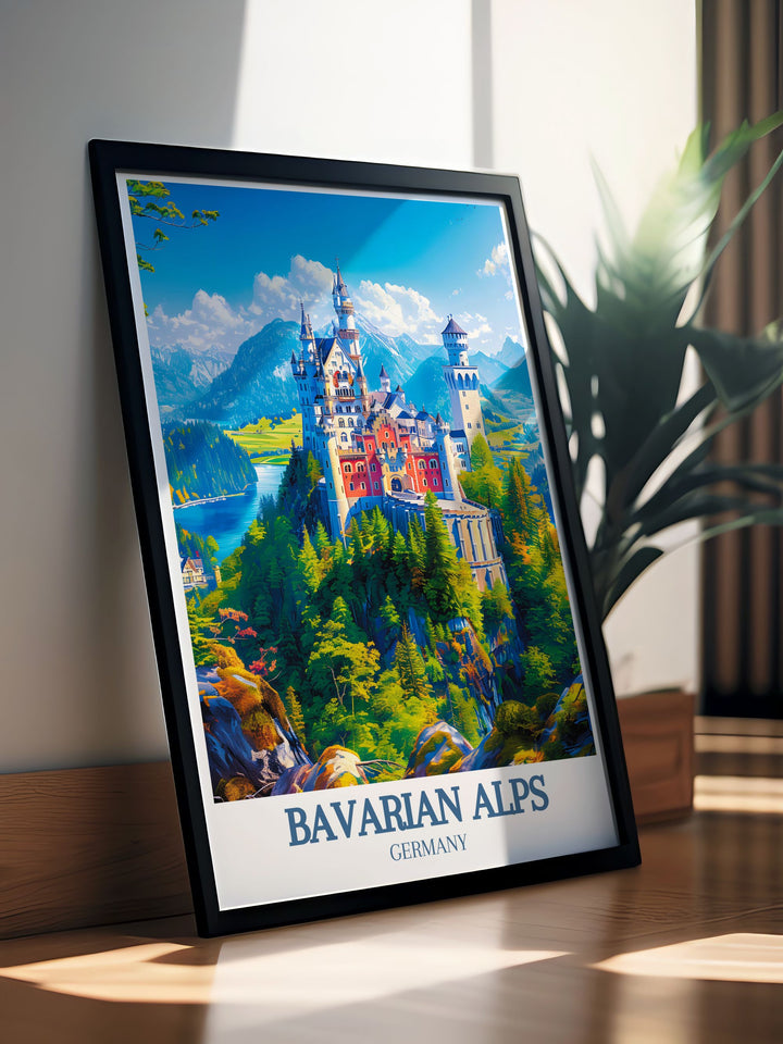 Detailed digital download of the Bavarian Alps, featuring the fairy tale Neuschwanstein Castle and the crystal clear waters of Alpsee Lake. Perfect for any art collection or as a memorable travel keepsake.