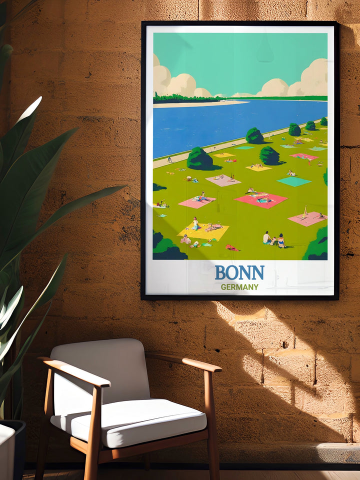 This Germany wall art captures the natural beauty of Rheinaue Park in Bonn, one of the countrys largest urban green spaces. Whether for home or office decor, this travel print brings a sense of tranquility and nature into any room.