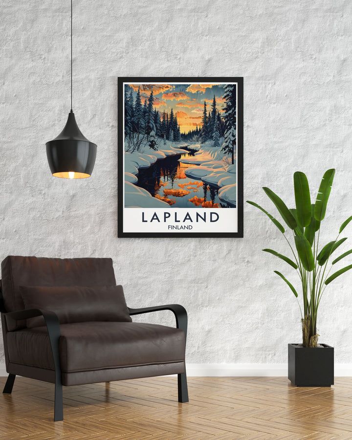 Finland Print highlighting the enchanting Arctic Wilderness and its serene landscapes perfect for enhancing your home decor with a touch of natural elegance or as a special gift for those who love the outdoors.
