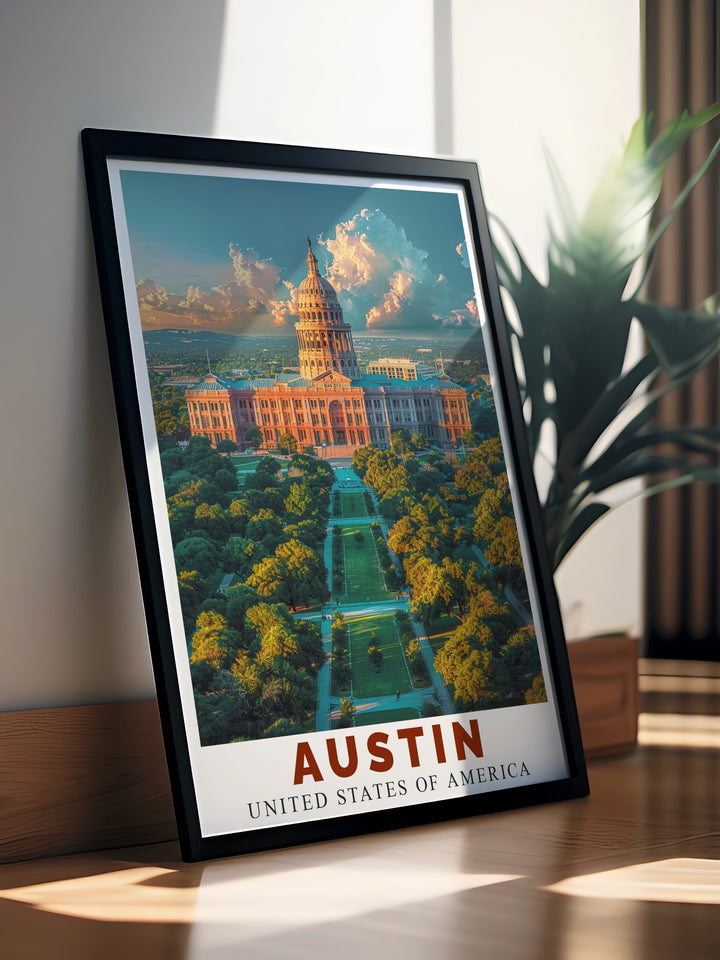 Music Festival Print capturing the spirit of iconic events like Lollapalooza and Bonnaroo alongside Texas State Capitol offering a polished look for your home or office decor