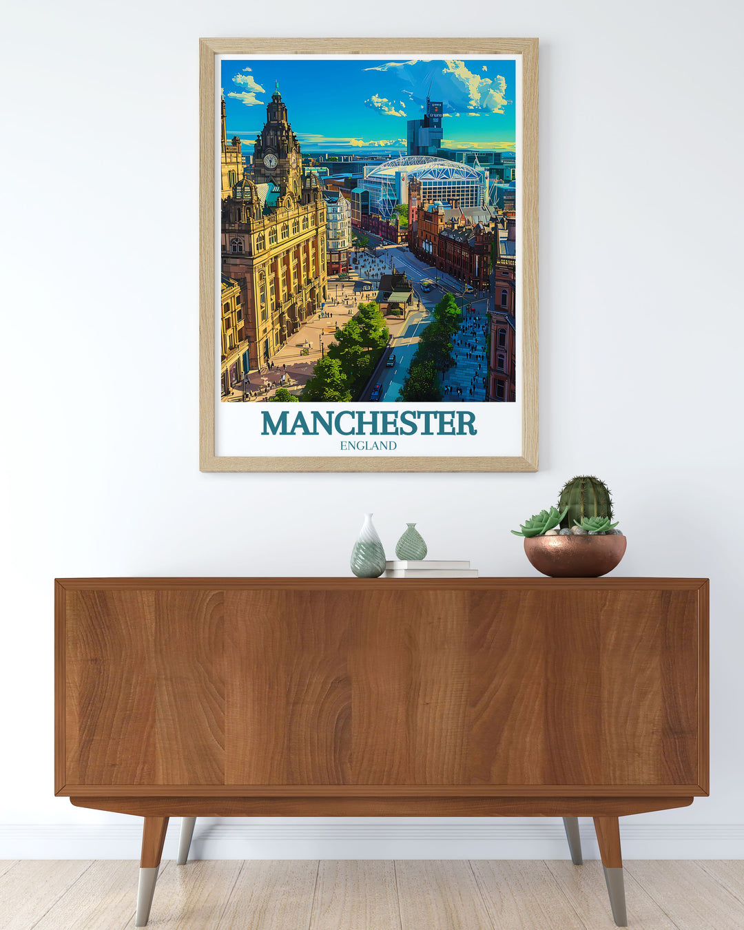 Manchester town hall and Old Trafford stadium poster featuring the citys famous landmarks perfect for travel enthusiasts and art collectors who want to bring a piece of Manchesters charm into their homes.