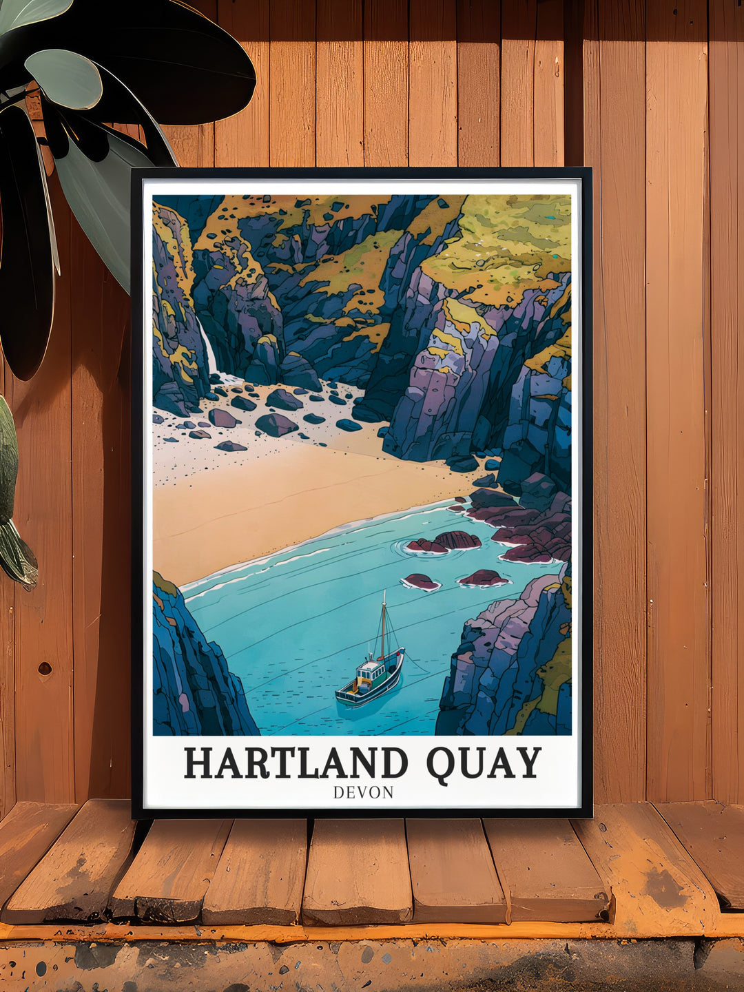 Hartland Quay framed art showcasing the iconic cliffs and sweeping ocean views of Devons coastline. This vintage inspired print brings a touch of the English seaside into your home, making it perfect for coastal décor or as a gift for nature enthusiasts.