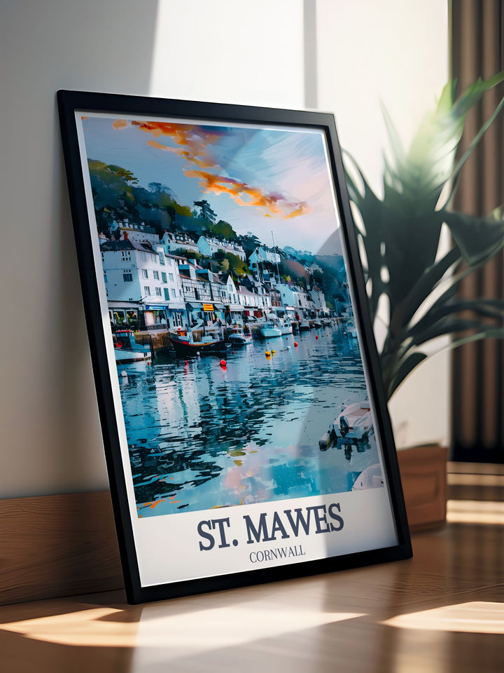 Cornwall poster print showcasing St. Mawes Harbour and St. Mawes Beach a beautiful coastal scene that adds elegance to any living room or office decor ideal as a Cornwall gift or artwork for your home