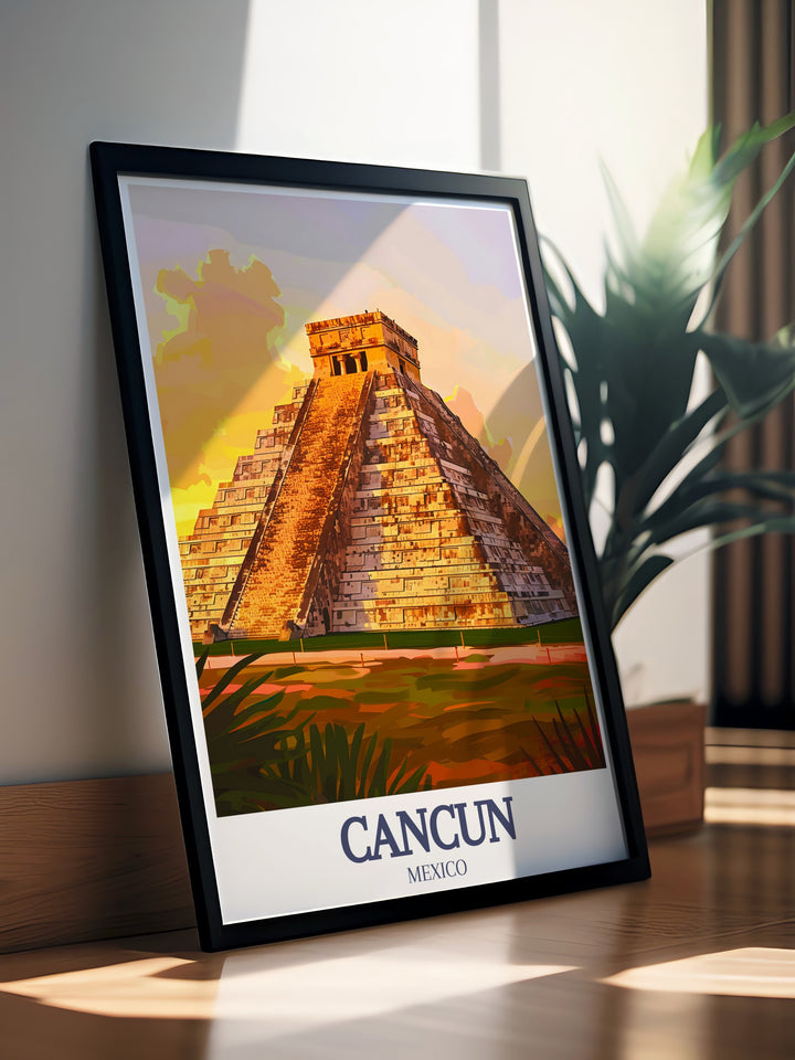 Black and white Cancun decor print displaying the intricate city map a sophisticated piece for contemporary interiors paired with the stunning Chichen Itza Pyramid of Kukulkan creating a unique and refined touch to any room