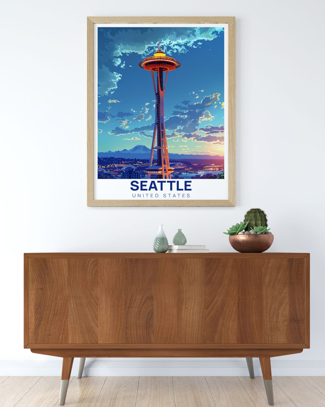 Seattle Poster featuring Space Needle Modern Art in a contemporary style. Enhances home decor with a striking representation of Seattles skyline. Adds a touch of sophistication and urban charm to any room, reflecting the beauty and energy of the Pacific Northwest.