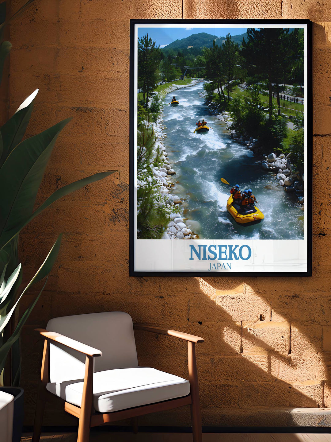 Niseko Skiing Poster with Shiribetsu River and retro design highlighting the excitement of snowboarding in Japan perfect for stylish wall decor