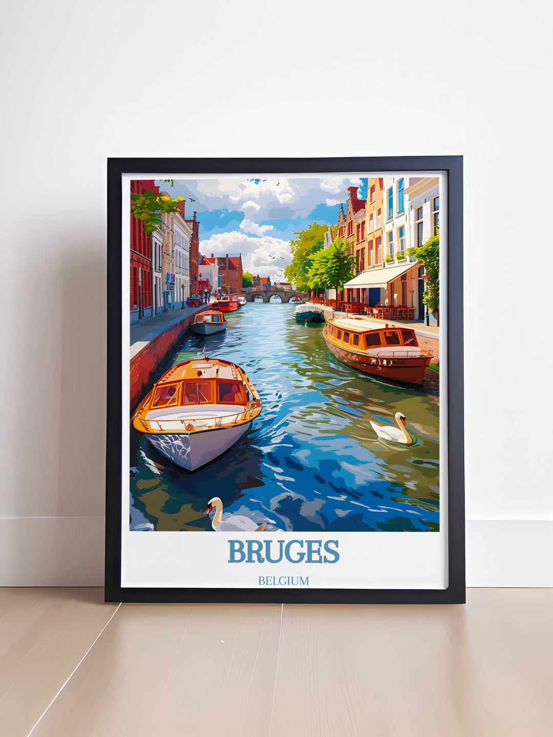 Panoramic view of the canal of Bruges during a festival, lively and colorful, captured in a detailed travel poster