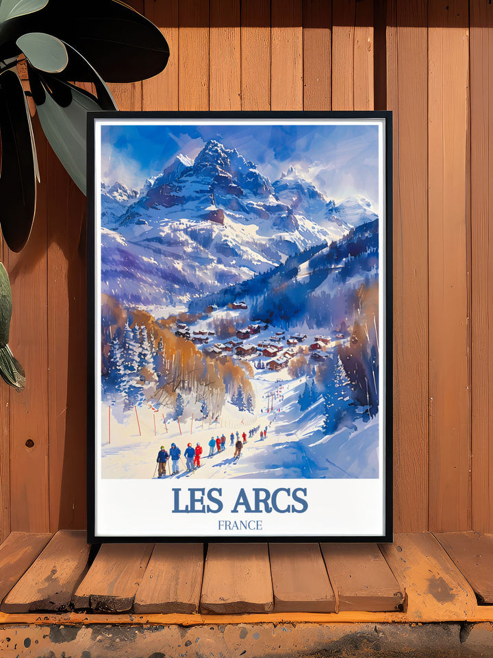 Framed Print of Les Arcs in Paradiski ski area Mont Blanc capturing the excitement of snowboarding against a stunning mountain backdrop perfect for home decor and gifts