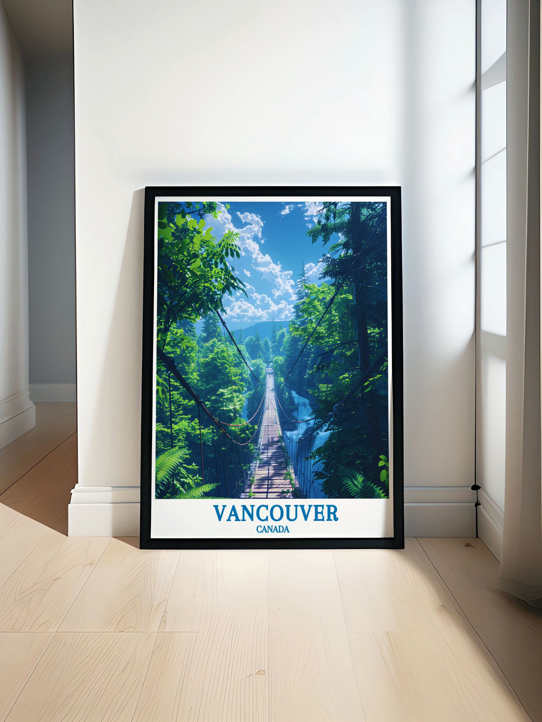 Detailed art print of the Capilano Suspension Bridge in Vancouver, capturing its thrilling span over the lush forest. Perfect for adventure enthusiasts, this travel poster brings the excitement and beauty of this iconic landmark into your home decor.