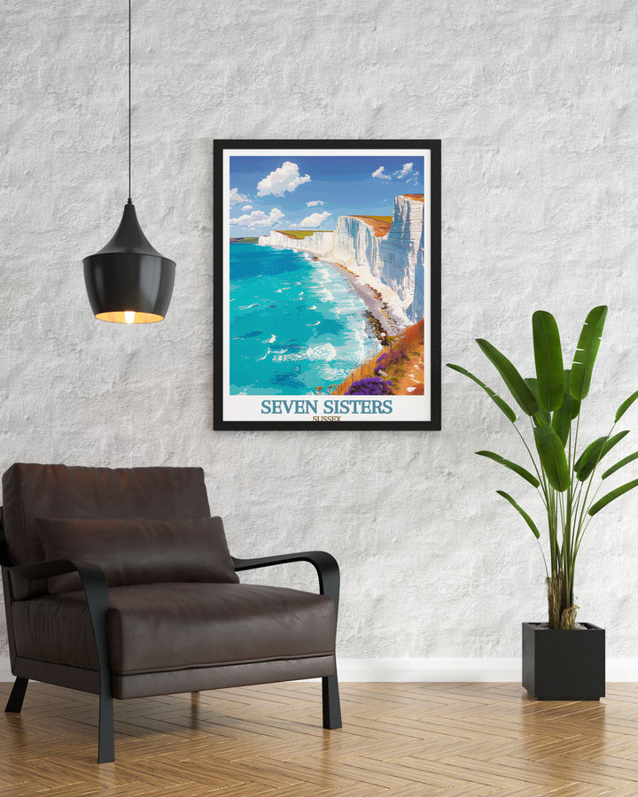 Beautiful Seven Sisters Cliffs framed print featuring the dramatic cliffs and serene landscape perfect for adding a touch of nature to any room and creating a peaceful atmosphere