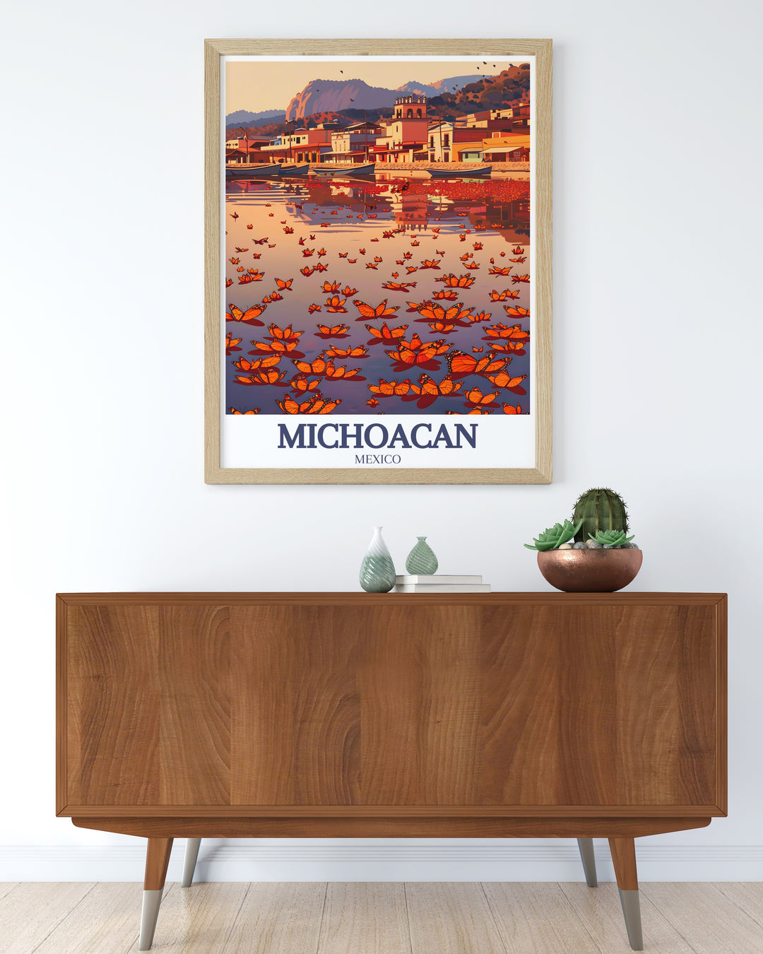 This framed art piece celebrates the beauty of Michoacáns Monarch Butterfly Biosphere Reserve and Patzcuaro Lake. The bold colors and vintage design make it a perfect addition to any home, guest room, or Airbnb. A beautiful reminder of Mexicos natural and cultural heritage.