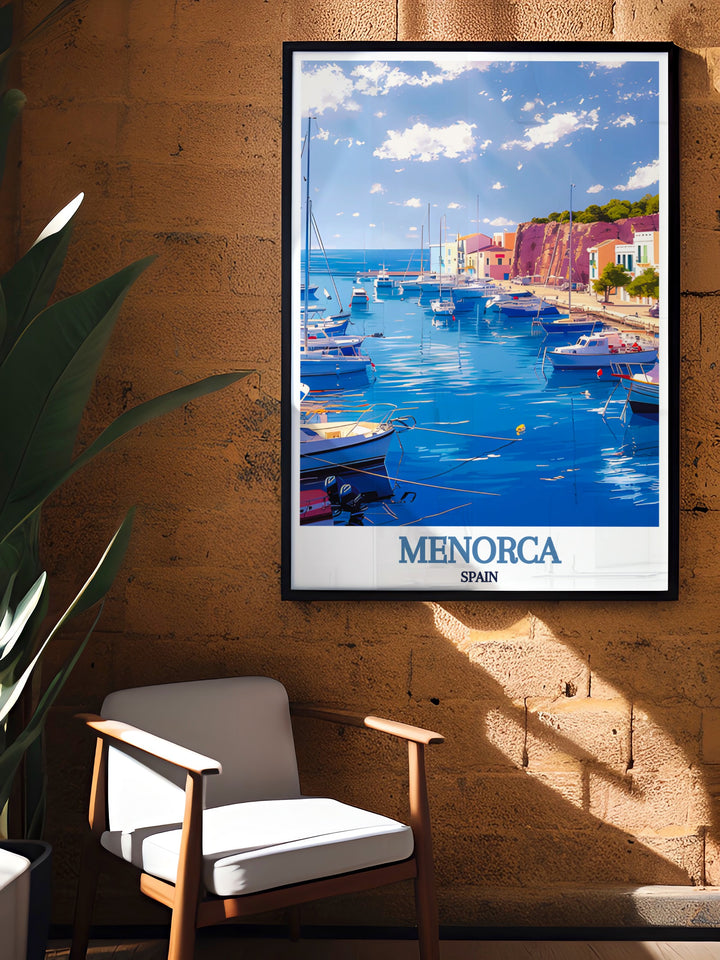 Mahon Harbor wall art showcasing the serene beauty of Menorcas harbor with its crystal clear waters and vibrant surroundings making it a perfect addition to Spain wall decor and a thoughtful gift for art lovers who appreciate coastal elegance.