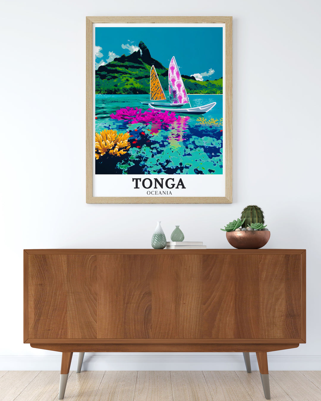 Tongan vaa canoes amidst a stunning coral reef modern art piece adds a touch of tropical beauty and marine life to any room