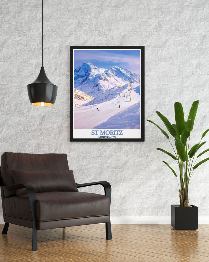 Immerse yourself in the rich history and breathtaking landscapes of St Moritz with this poster, showcasing its transformation into a luxurious resort town.