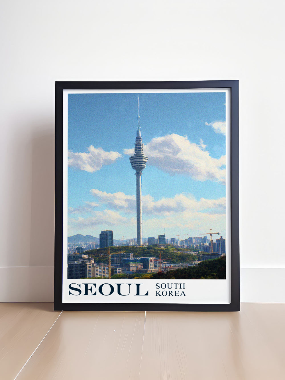 Experience the dynamic energy of Seoul with this vibrant poster highlighting Seoul Tower, showcasing the iconic landmark and the citys stunning skyline, ideal for adding a touch of South Korean charm to your home.