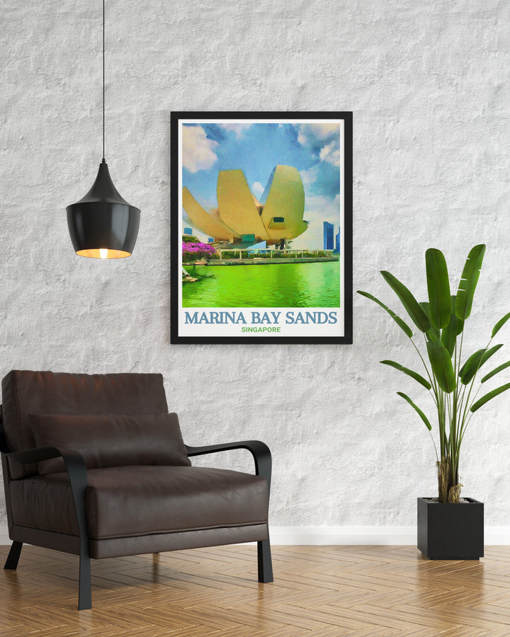 Singapore Vintage Poster inspired by classic travel posters, featuring Marina Bay Sands and the ArtScience Museum, showcasing the citys blend of tradition and modernity. This artwork adds a nostalgic yet sophisticated touch to your collection.