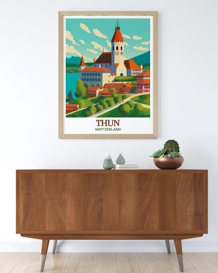 Thun Castle Travel Poster with intricate details of the fortress and surrounding mountains. A beautiful addition to any space, this artwork captures the charm and beauty of Swiss landscapes and architecture.