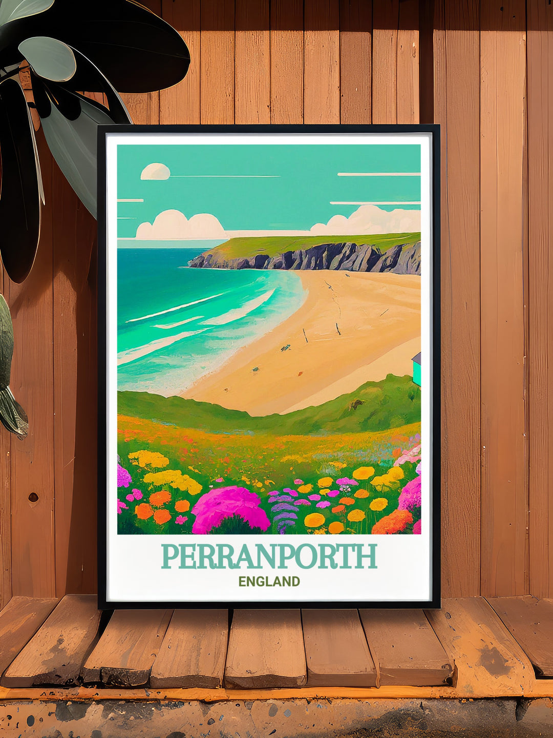 Decorative art print of Perranporth Beach, capturing the essence of this scenic England landmark. Ideal for enhancing your home with natural beauty. The vibrant imagery provides a glimpse into the serene coastal landscapes.