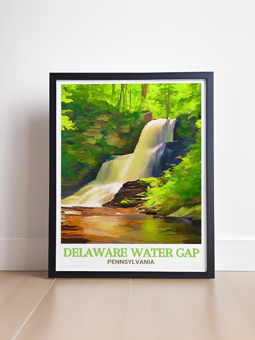 This travel print highlights the stunning Delaware Water Gap, with its towering cliffs and lush green landscape. Perfect for nature lovers, this artwork brings the beauty of Pennsylvanias most iconic natural feature into your home.