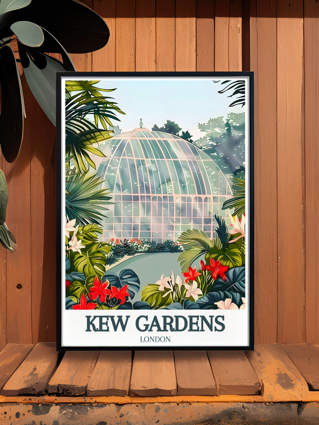 The Royal Botanic Gardens Travel Poster captures the lush greenery and serene ponds of Kew Gardens, with a focus on the Waterlily House. This stunning artwork is a great addition to any home or office, offering a timeless piece that celebrates both nature and design in a unique way.