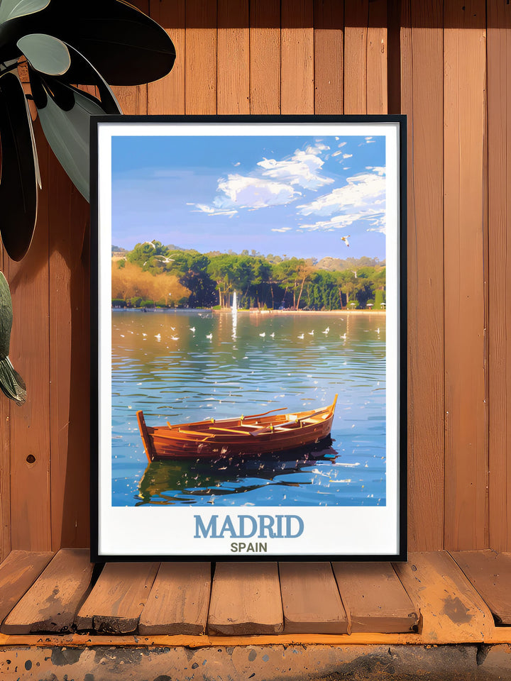 Transform your living space with this stunning Lake at Casa de Campo print. Featuring a minimalistic approach to Spanish wall art it highlights the tranquility of Madrids beloved park making it a must have for anyone seeking elegant home decor.