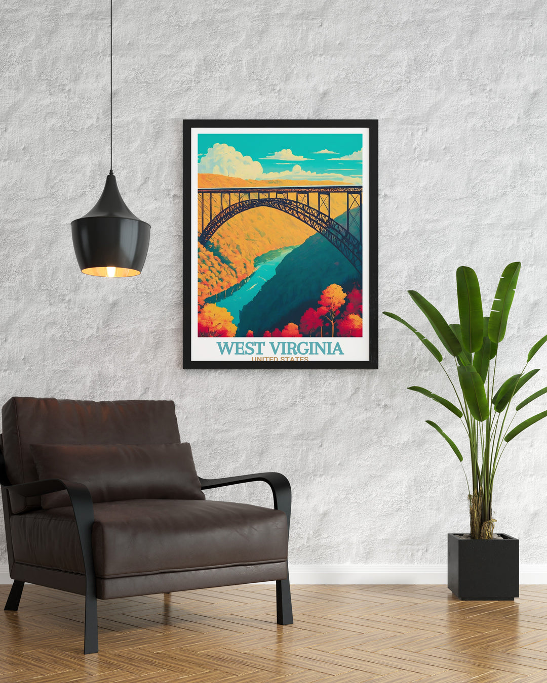 Framed print of Snowshoe Ski Resort and New River Gorge Bridge in West Virginia highlighting the beauty of winter sports and iconic landmarks in the Appalachian Range ideal for creating an adventurous yet elegant atmosphere in your home decor.