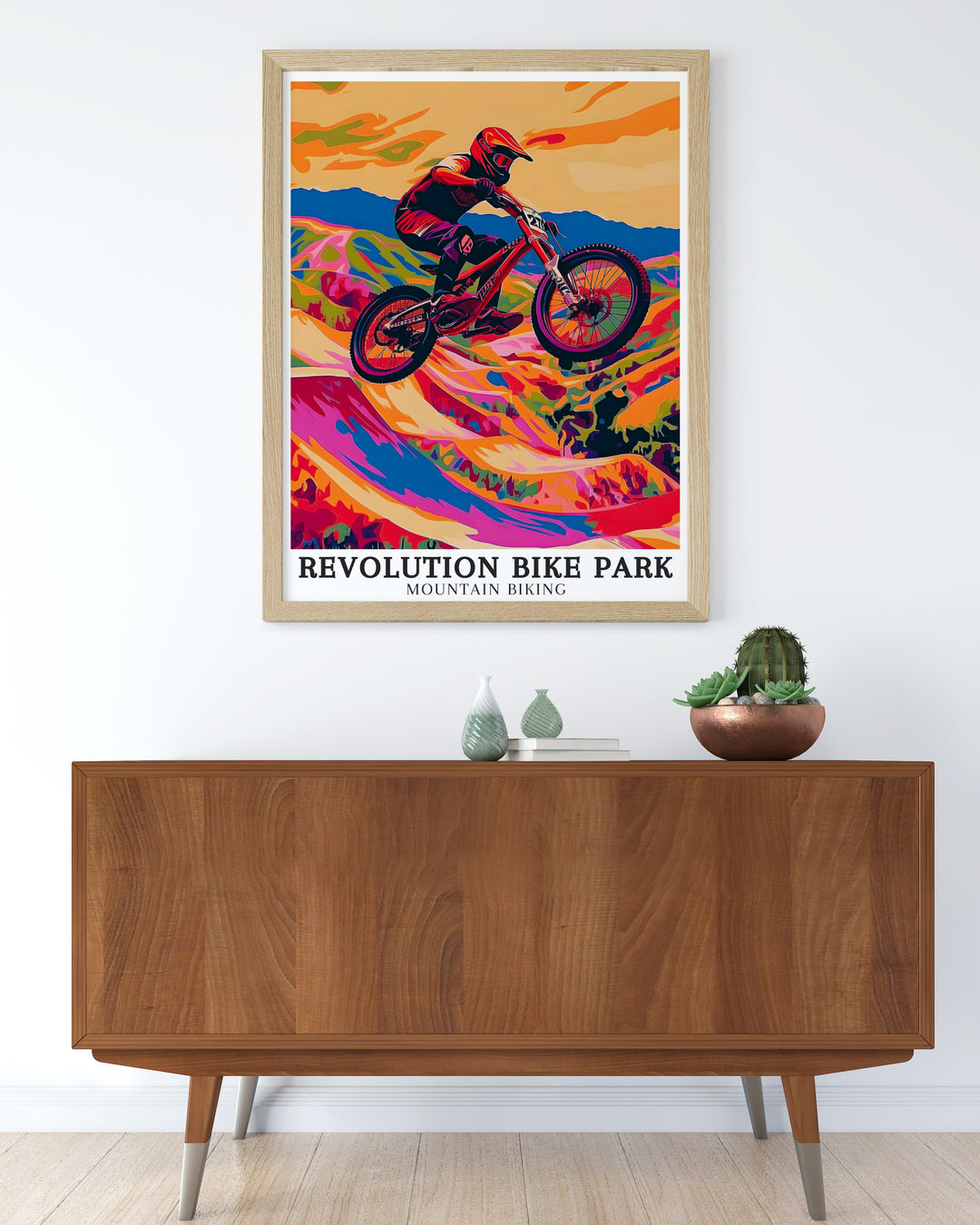 The Phoenix Trail at Revolution Bike Park. This mountain biking poster highlights the exciting terrain and breathtaking views of the trail. A great addition to any cyclists wall art collection.