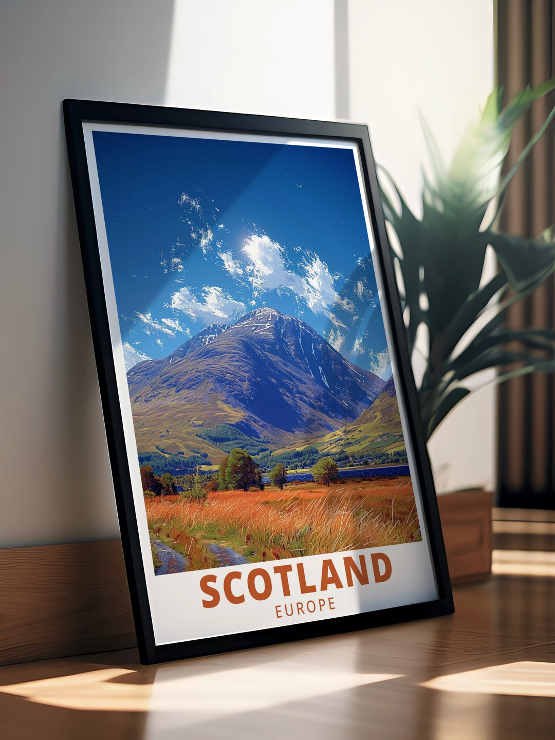 Scotlands Loch Lomond presented in this vintage style poster, ideal for those who love classic travel art. The detailed depiction of the Highlands offers a timeless view of this famous destination.