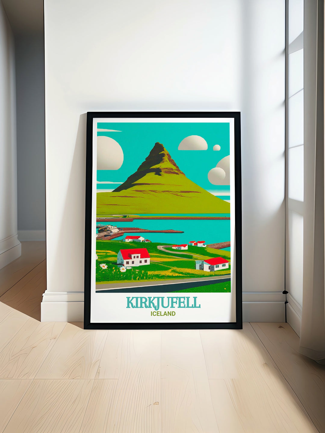 Iceland Framed Art presenting a combination of Icelands most stunning features, including the iconic Kirkjufell and the serene waters of Grundarfjörður. The framed art provides a sophisticated touch to any room, offering a glimpse into the raw and unspoiled beauty of Icelands landscapes.