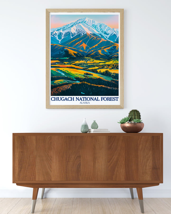 Highlighting the natural beauty of the Chugach Mountains, this Alaska travel print offers a glimpse into the pristine wilderness of the Copper River Delta. A perfect decor addition for those who love the outdoors, this poster captures Alaskas rugged and scenic landscape.