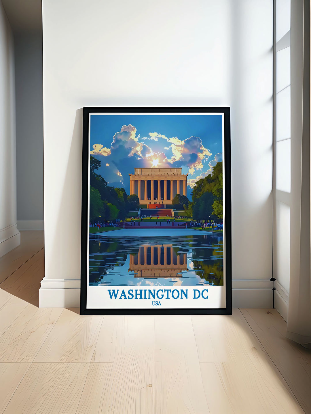 Washington DC print featuring The Lincoln Memorial in a detailed black and white fine line style perfect for home decor and gifting occasions like birthdays and anniversaries